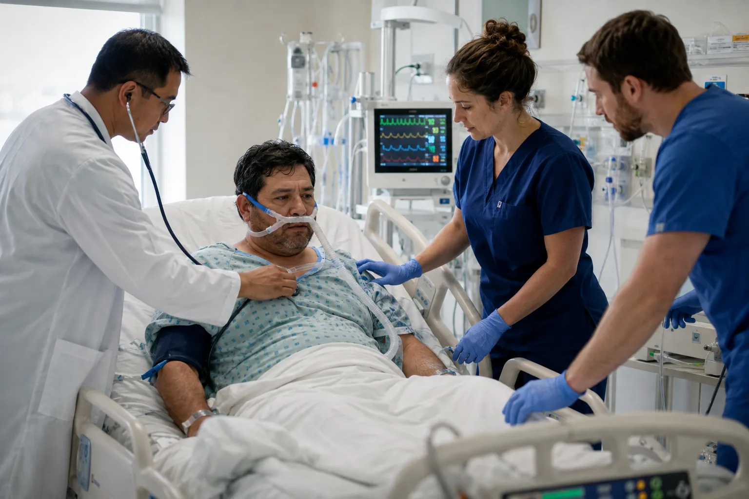 Equipo de terapia intensiva reevaluando a paciente con mayor trabajo respiratorio