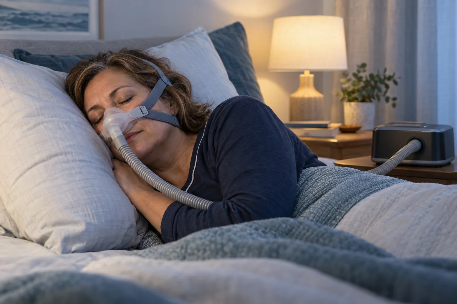 Persona durmiendo con una máscara nasal conectada a PAP