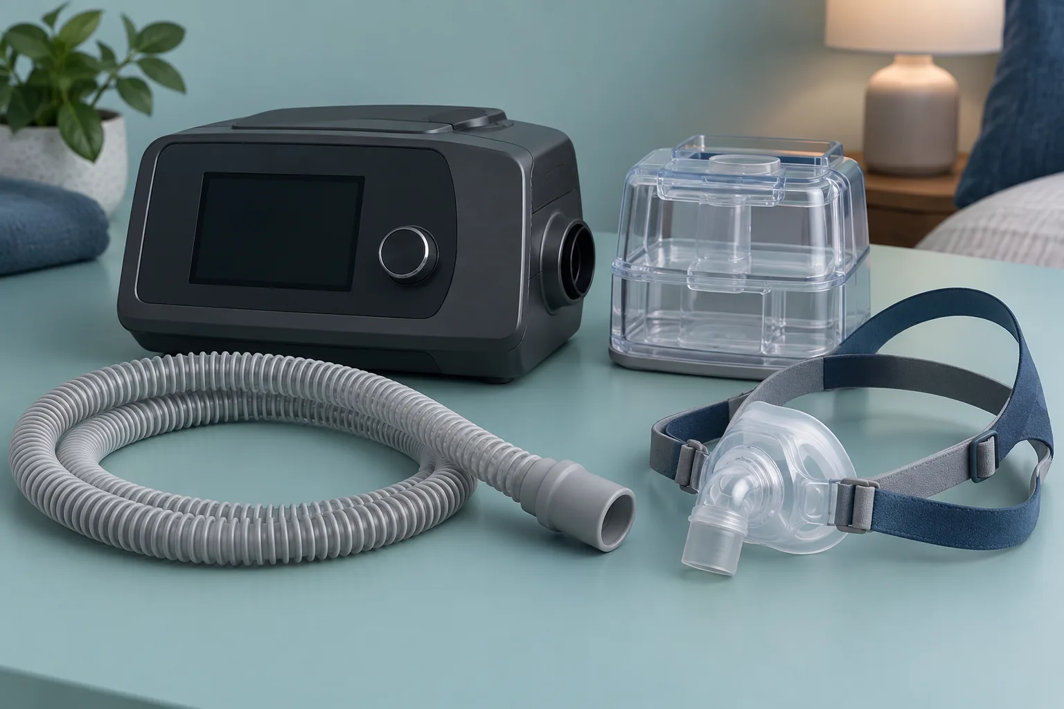 Equipo PAP con tubo, máscara y cámara de humidificación
