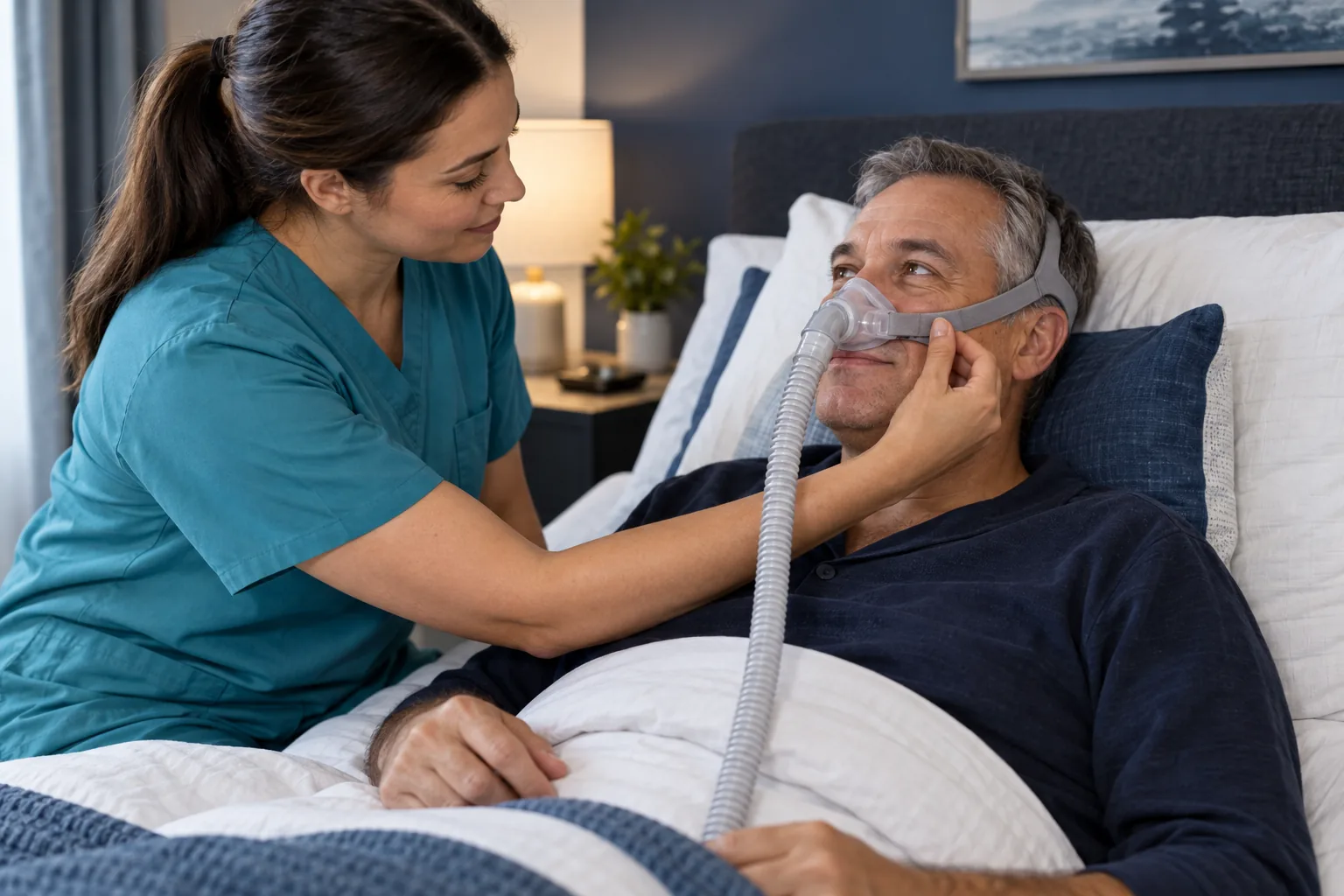 Profesional comprobando el ajuste de una máscara nasal