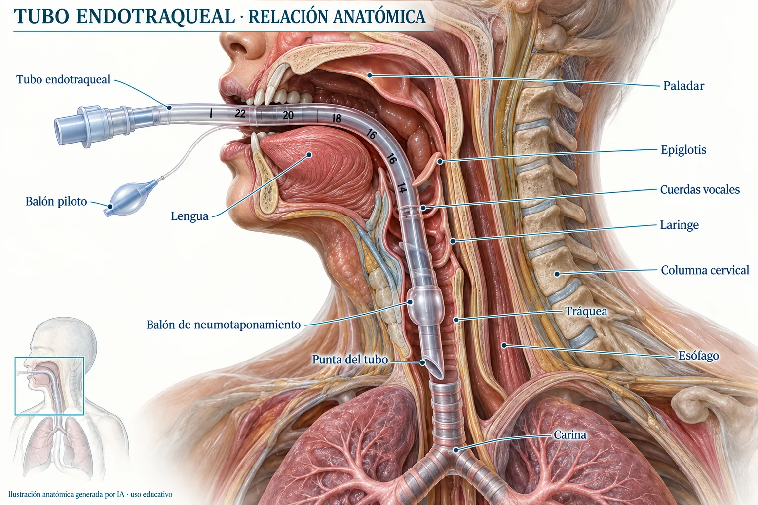 Recorrido oral del tubo endotraqueal y relación con tráquea, esófago y carina