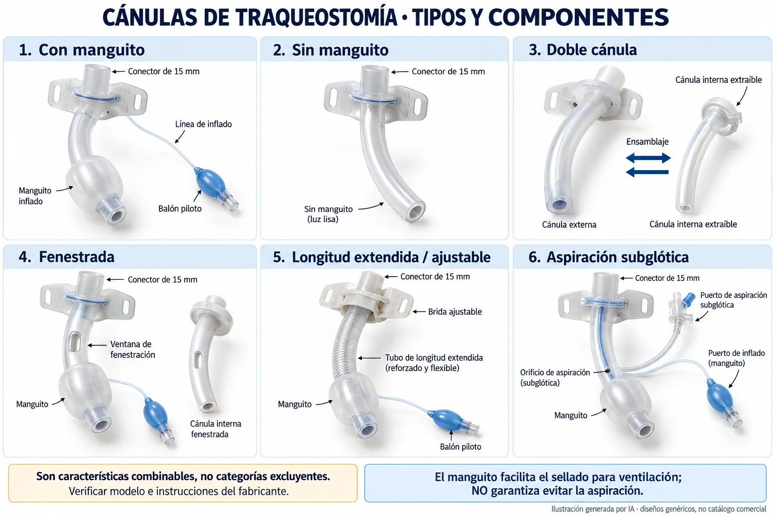 Atlas de seis configuraciones de cánulas de traqueostomía