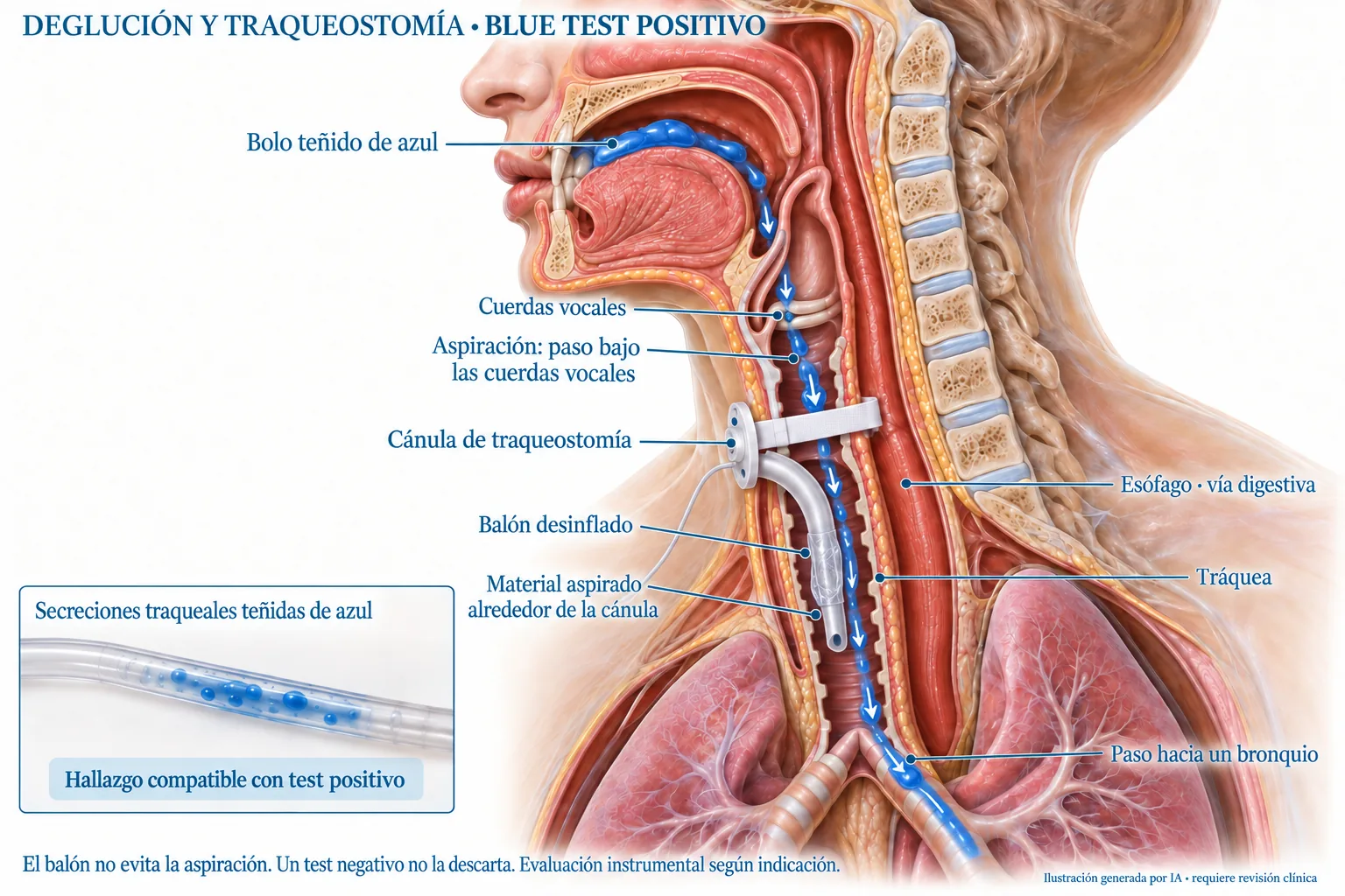 Blue test positivo ilustrativo con colorante en tráquea y bronquio