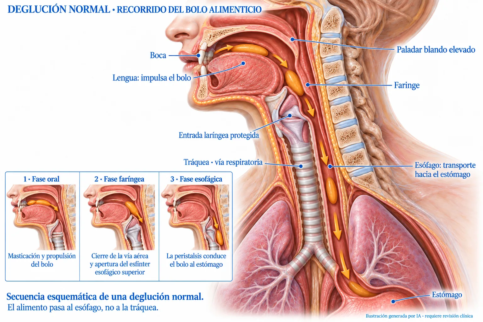 Recorrido normal del bolo: boca, faringe, esófago y estómago