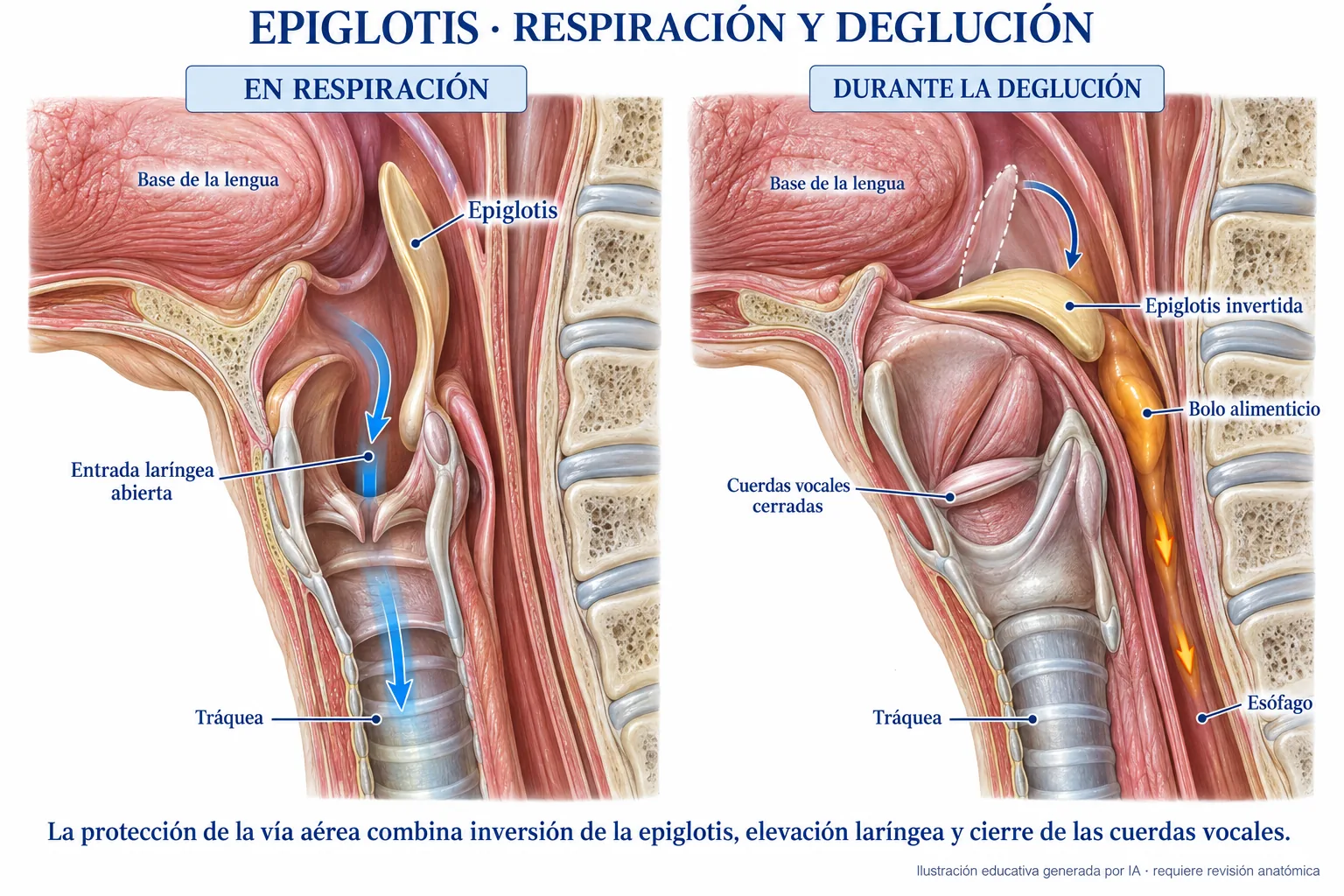 Ampliación comparativa de la epiglotis durante respiración y deglución