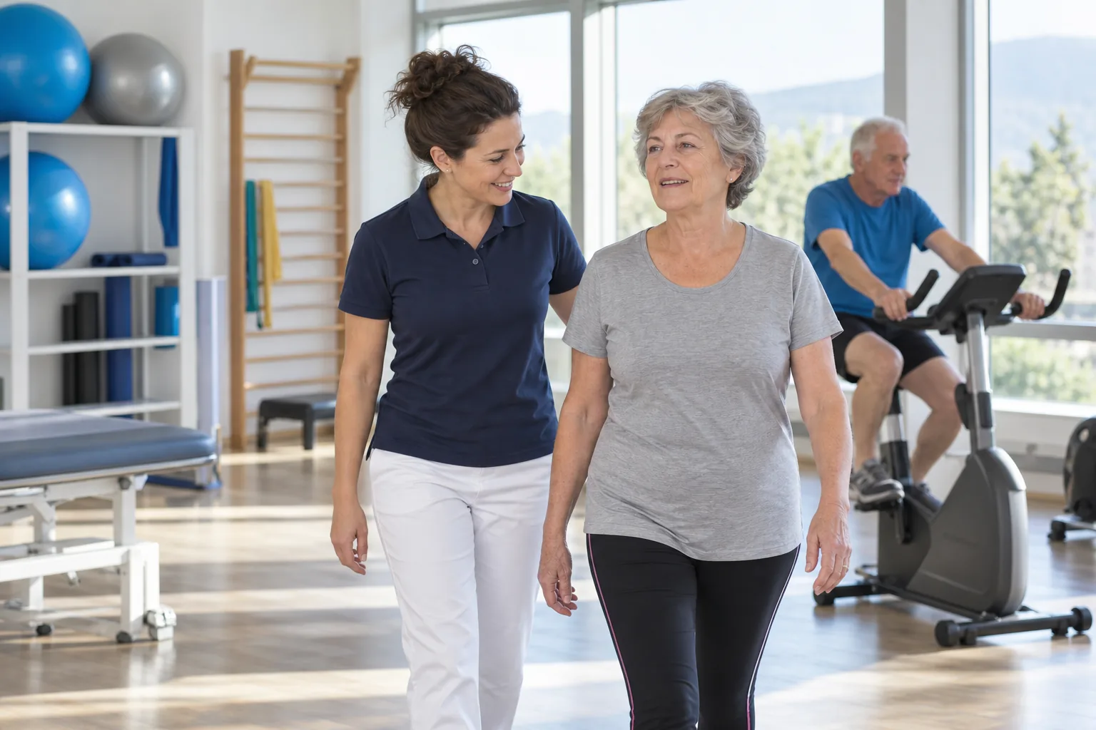 Paciente caminando junto a su fisioterapeuta en un gimnasio de rehabilitación pulmonar