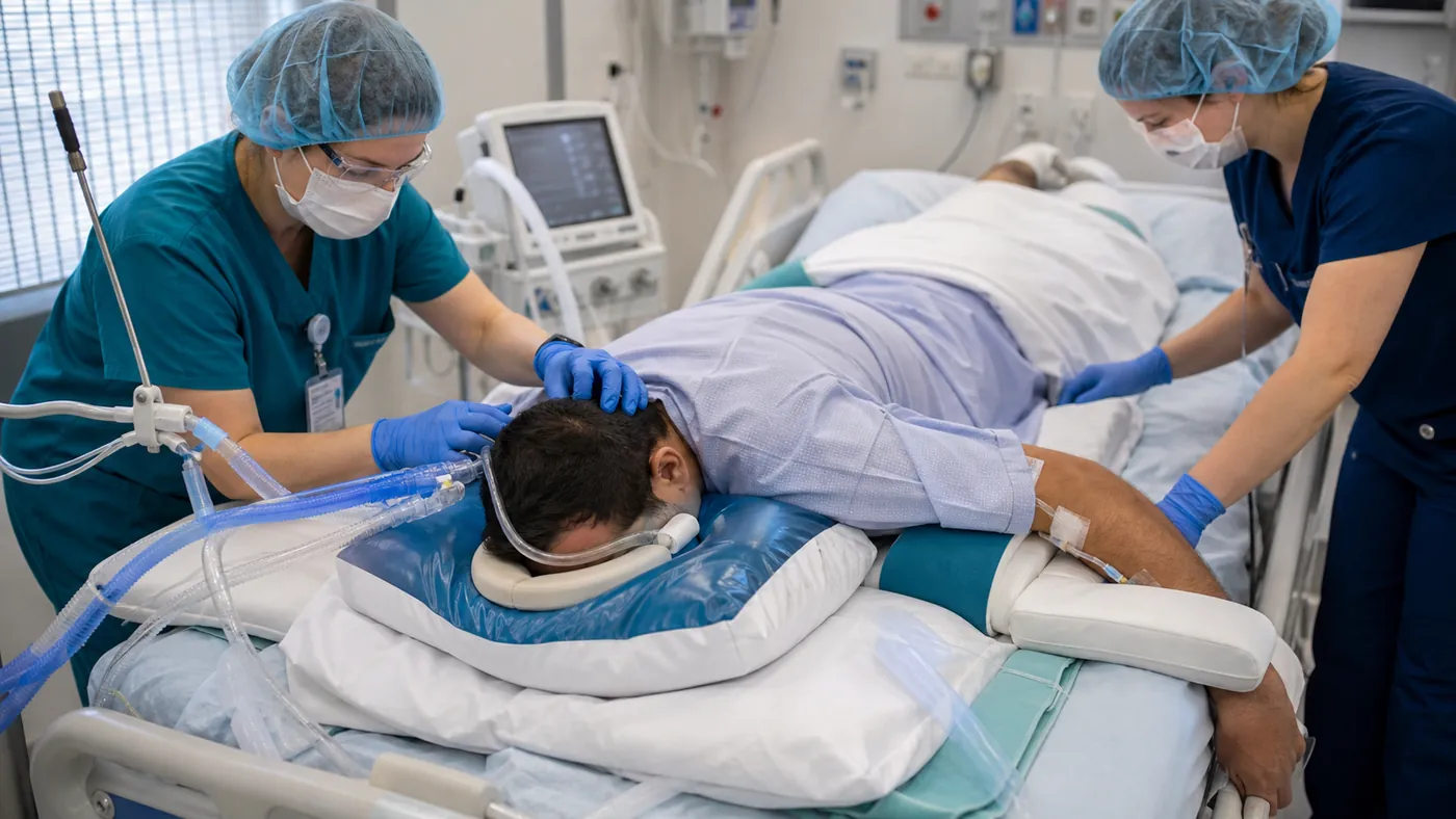 Equipo de terapia intensiva atendiendo a una paciente con SDRA en ventilación mecánica