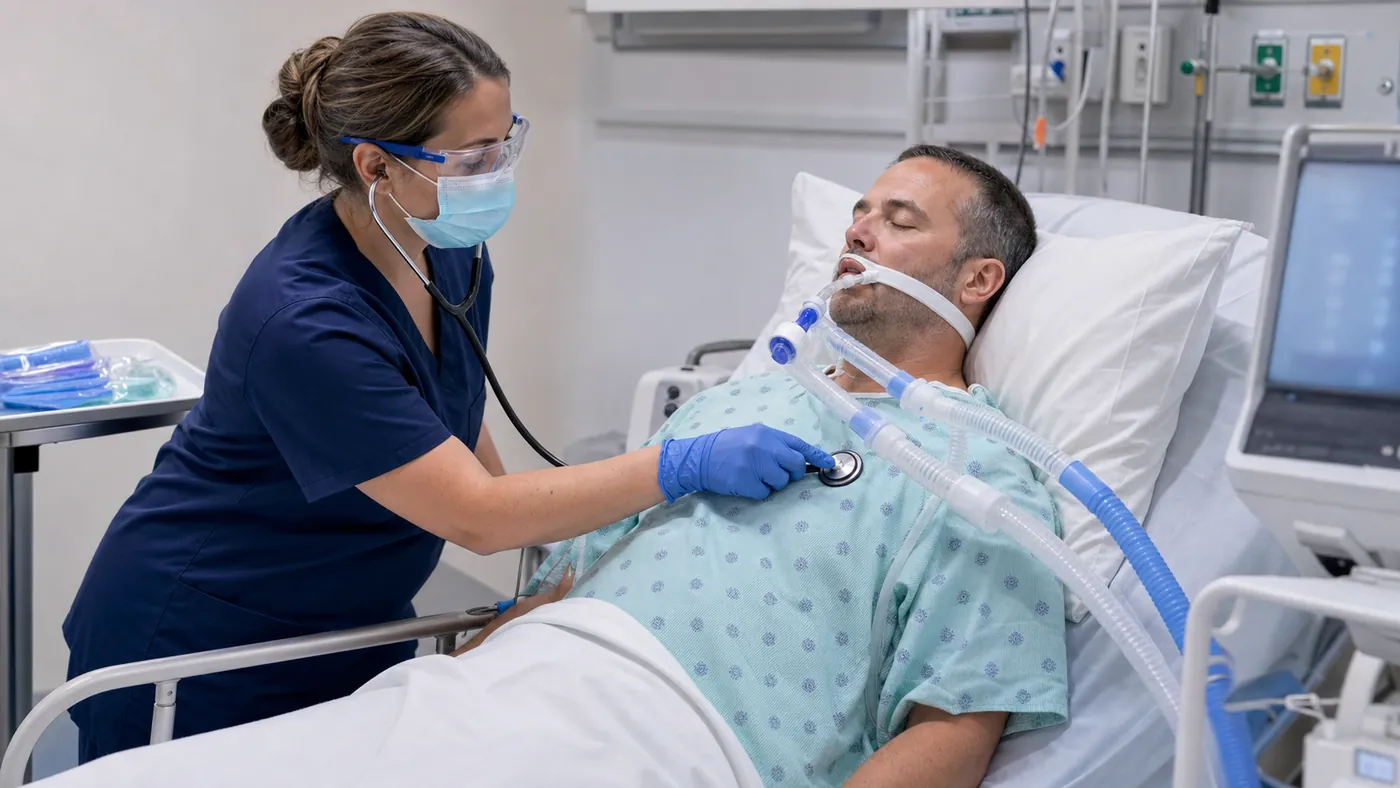 Profesional auscultando a un paciente ventilado tras una alarma del respirador