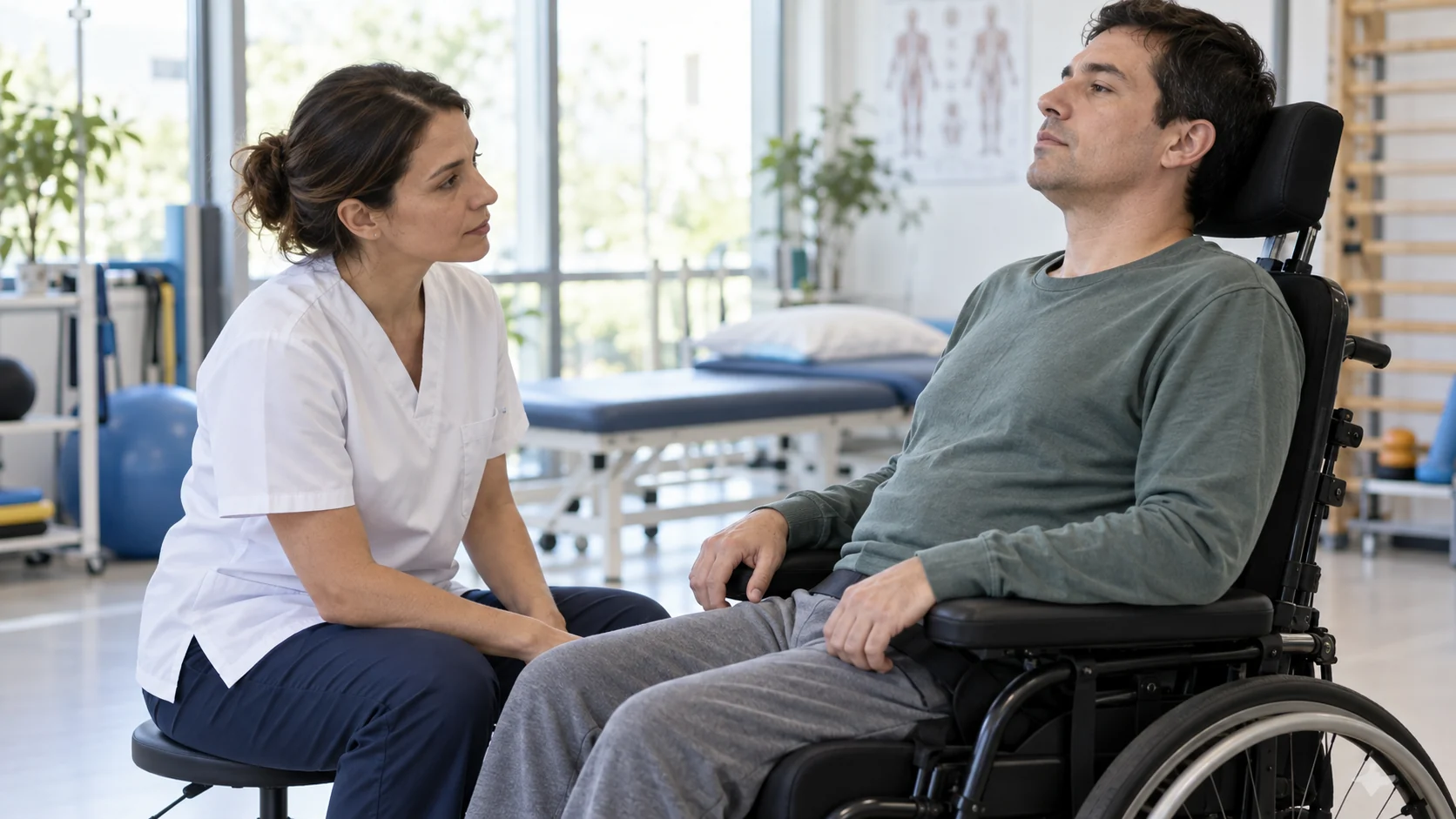Kinesióloga respiratoria observa el patrón ventilatorio de una persona adulta con enfermedad neuromuscular en silla de ruedas