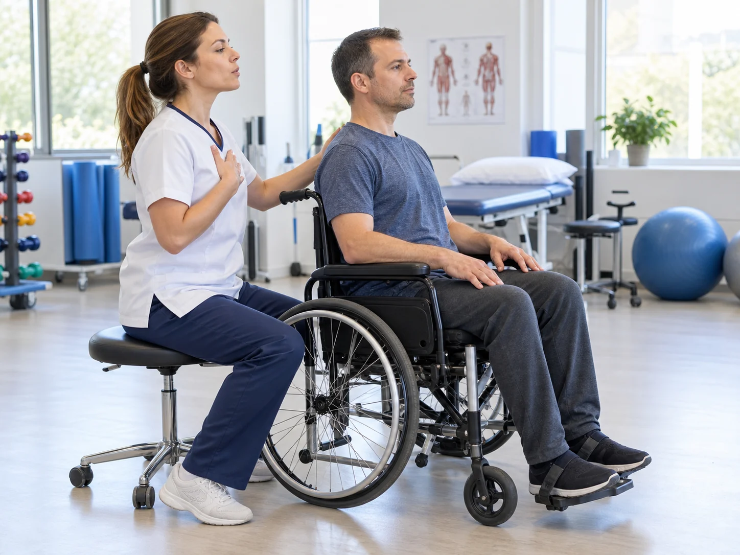 Kinesióloga posiciona erguida a una persona en silla de ruedas antes de practicar la tos
