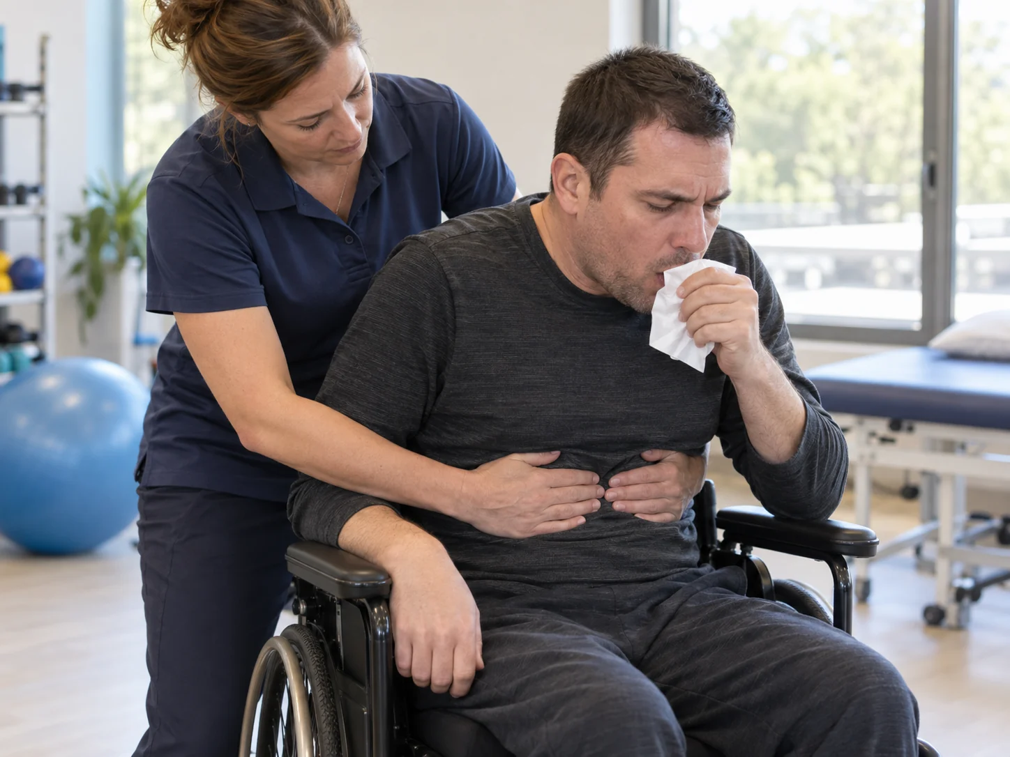 Kinesióloga aplica una compresión abdominal sincronizada mientras una persona tose