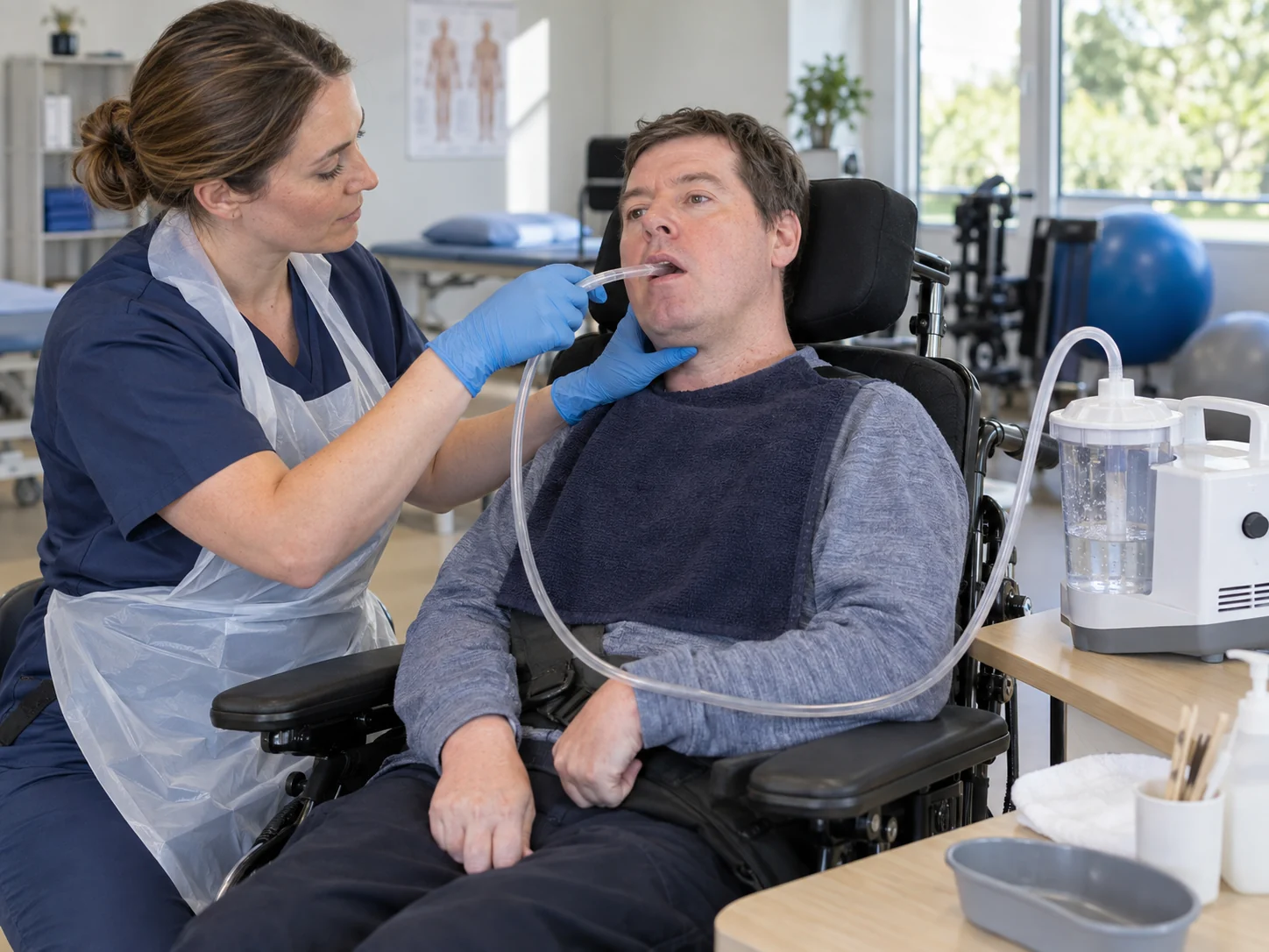 Kinesióloga realiza aspiración oral superficial con una cánula conectada a un aspirador portátil