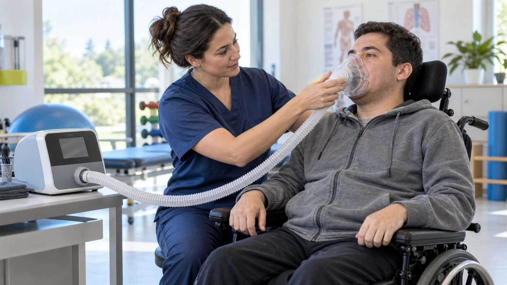 Kinesióloga utiliza una máscara conectada a un insuflador-exuflador mecánico con una persona en silla de ruedas