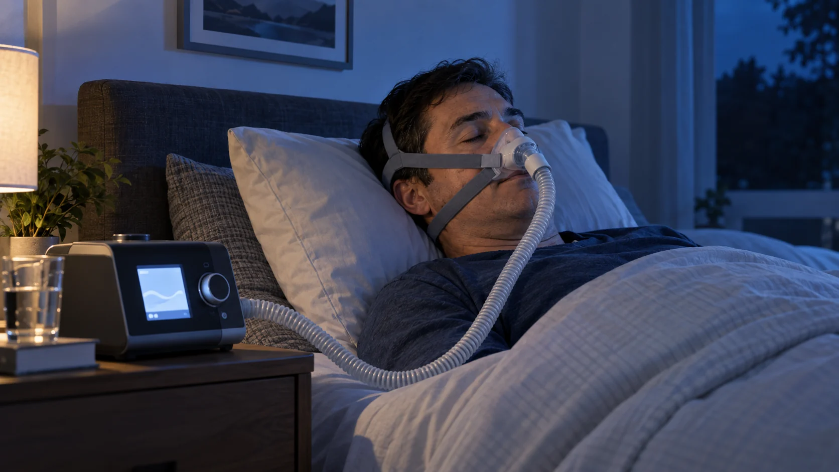 Persona adulta duerme con una máscara nasal conectada a un ventilador binivel en su mesa de luz