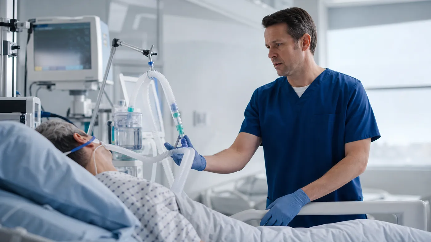 Kinesiólogo evaluando a un paciente recién extubado en terapia intensiva