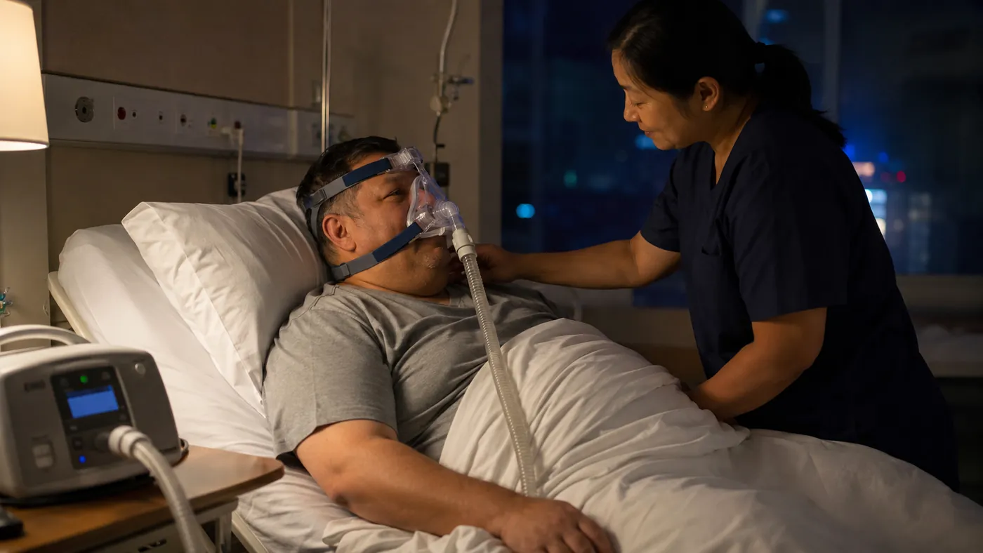 Paciente con obesidad en ventilación no invasiva con máscara facial
