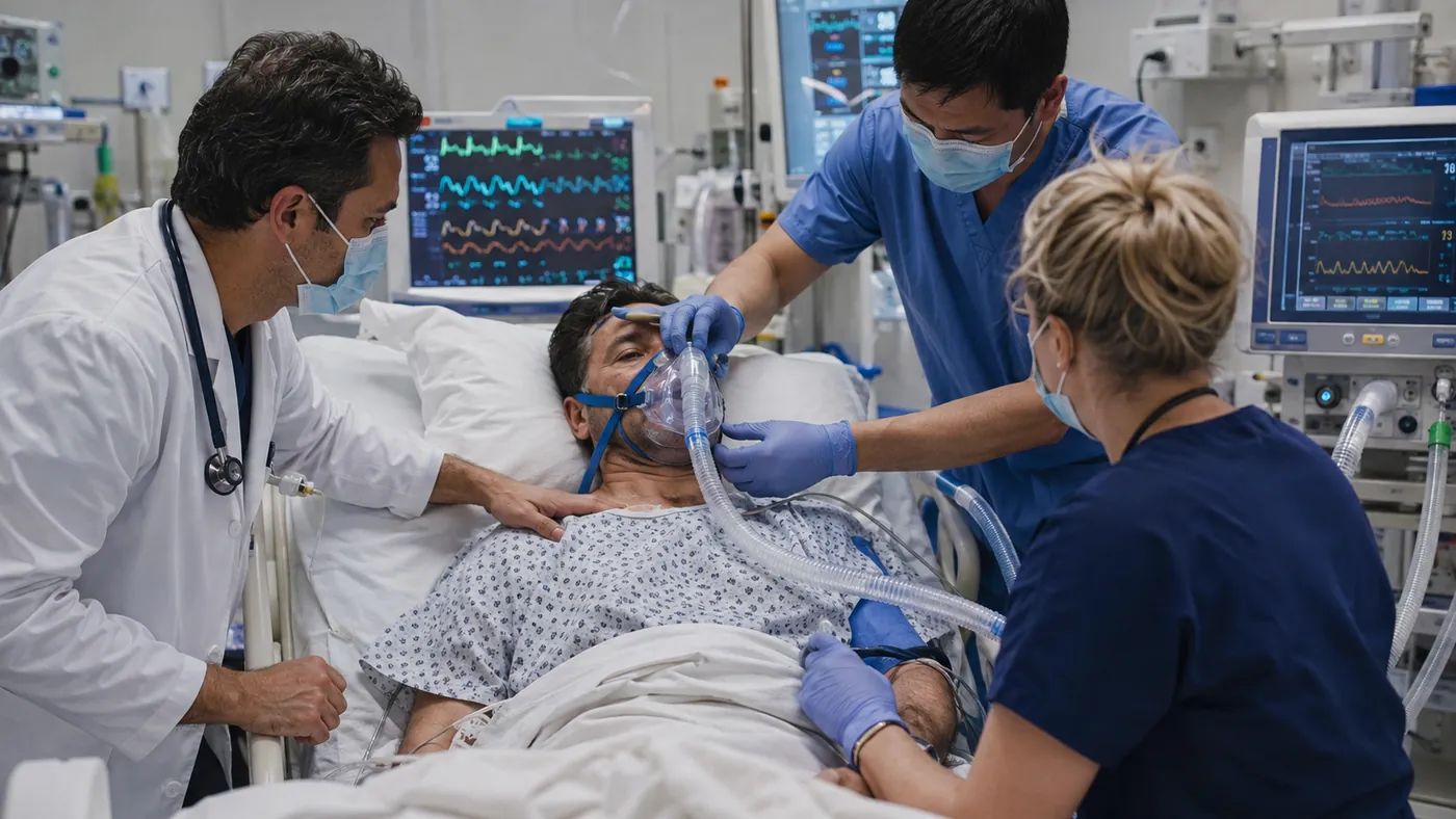 Equipo asistencial reevaluando a un paciente con máscara oronasal de ventilación no invasiva