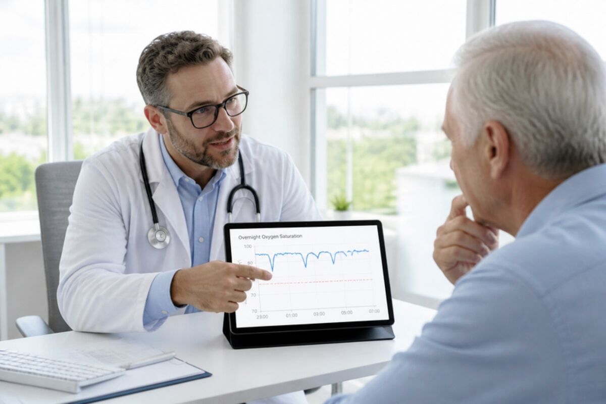 Médico revisando con el paciente el gráfico del informe de oximetría nocturna
