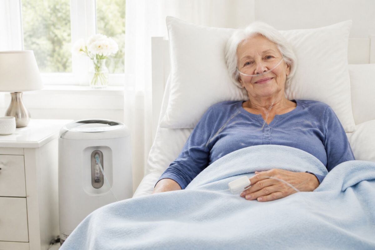 Paciente con oxigenoterapia y oxímetro de pulso durante la oximetría nocturna